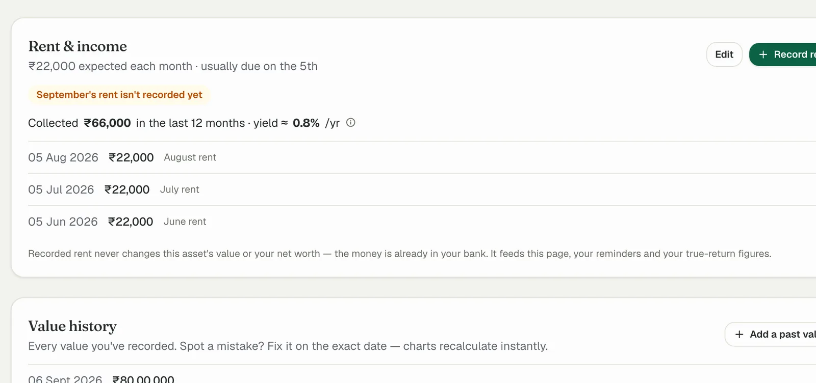 A property's page: the rent ledger with monthly receipts and yield, and the editable value history (sample data)